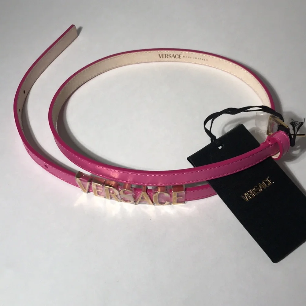 New Authentic Versace Pink Logo Leather Bracelet